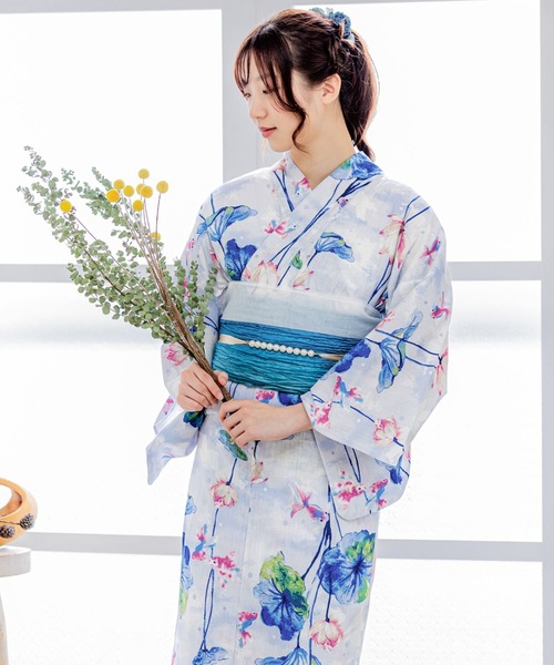 kimonomachi（キモノマチ）の「Clarus レディース 女性浴衣2点セット（浴衣＋グラデしわ兵児帯）「夏の思い出」F/フリーサイズ 綿浴衣 大人可愛い きもの町オリジナル 女性用浴衣 ゆかた yukata（浴衣・レディース・ライトブルー/ホワイト×パープル/スカイブルー・FREE）」の12枚目の写真