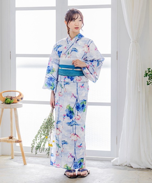 kimonomachi（キモノマチ）の「Clarus レディース 女性浴衣2点セット（浴衣＋グラデしわ兵児帯）「夏の思い出」F/フリーサイズ 綿浴衣 大人可愛い きもの町オリジナル 女性用浴衣 ゆかた yukata（浴衣・レディース・ライトブルー/ホワイト×パープル/スカイブルー・FREE）」の13枚目の写真