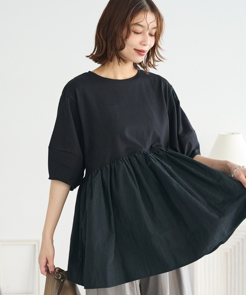 ELENCARE DUE（エレンカーレデュエ）の「・ELENCARE DUE ハイブリットTEE（Tシャツ/カットソー・レディース・ブラウン/ブラック/チャコールグレー/オフホワイト・FREE）」の2枚目の写真