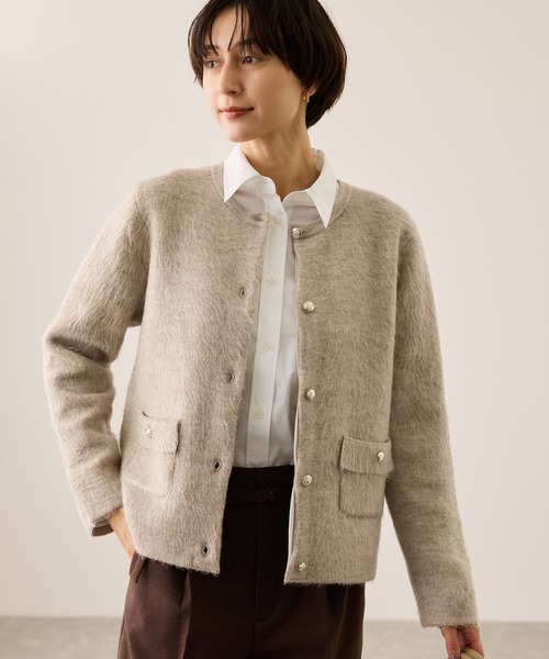 【新品】】伊太利屋カーディガンラクーン襟取り外し可能厚手コーディガン セール】ダブルフェイス襟取り外し起毛カーディガン（カーディガン