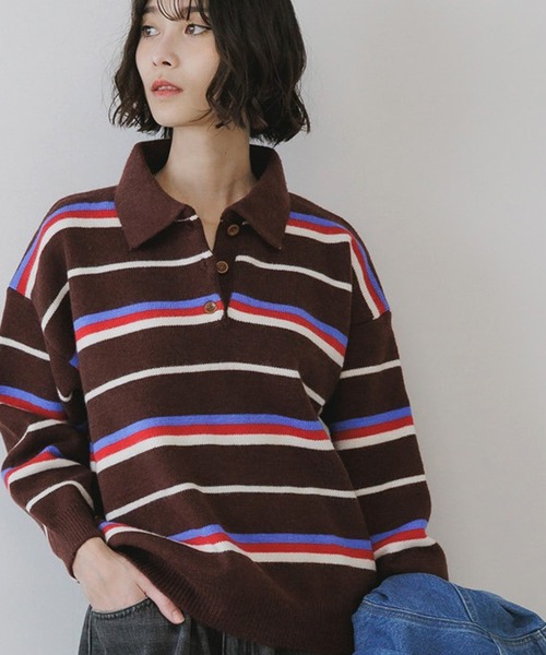 AO2（アオズ）の「マルチボーダー オーバーサイズ ニットポロ（ニット