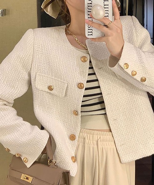 NinaetLina(ニナエリナ)の「ツイードジャケット(ノーカラージャケット・レディース・ホワイト/ブラック・L/M)」の1枚目の写真