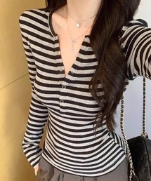 DIAVEL | 【3色展開】ストレッチボーダートップス／フィットシルエット(Tシャツ/カットソー)