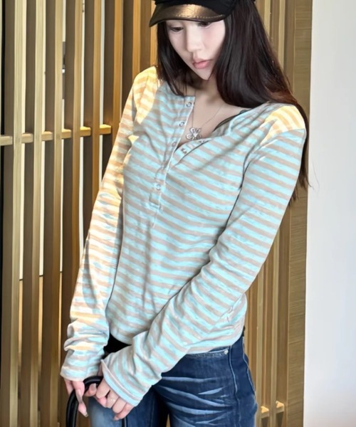 DIAVEL（ディアベル）の「【3色展開】ストレッチボーダートップス／フィットシルエット（Tシャツ/カットソー・レディース・グレー/ブルー/ピンク・M）」の9枚目の写真