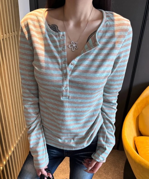 DIAVEL（ディアベル）の「【3色展開】ストレッチボーダートップス／フィットシルエット（Tシャツ/カットソー・レディース・グレー/ブルー/ピンク・M）」の10枚目の写真