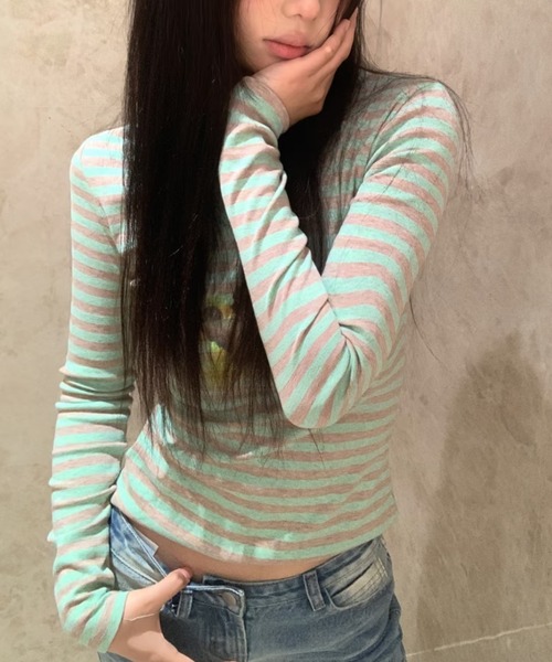 DIAVEL（ディアベル）の「【3色展開】ストレッチボーダートップス／フィットシルエット（Tシャツ/カットソー・レディース・グレー/ブルー/ピンク・M）」の14枚目の写真