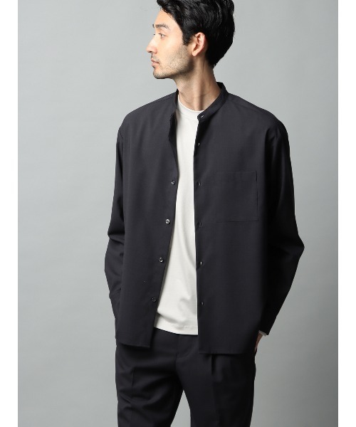 セール】バンドカラーシャツ 長袖 ストレッチ ウールポリエステル