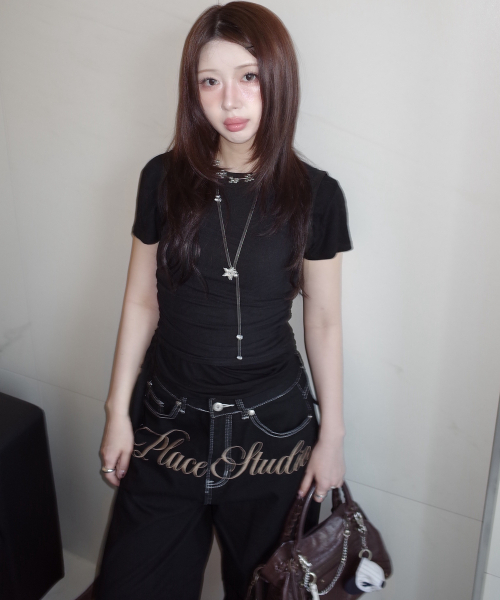 PLACE STUDIO(プレイススタジオ)の「Classic Place Logo Embroidered Point Wide Denim Pants _2COLOR(デニムパンツ・レディース・ダークブルー・SMALL/MEDIUM)」の6枚目の写真