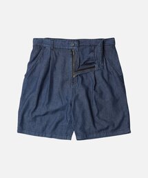 LINEN DENIM ONE TUCK BERMUDA PANTS _ BLUE
