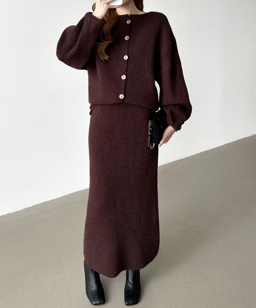ブラウンファー付きカーディガン・ドレスセット セール】前後2wayニットカーディガン ＋ ナロースカート セットアップ