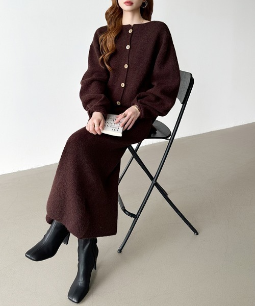 ダークブラウン カーディガン・トップス・スカートセット セール】前後2wayニットカーディガン ＋ ナロースカート セットアップ