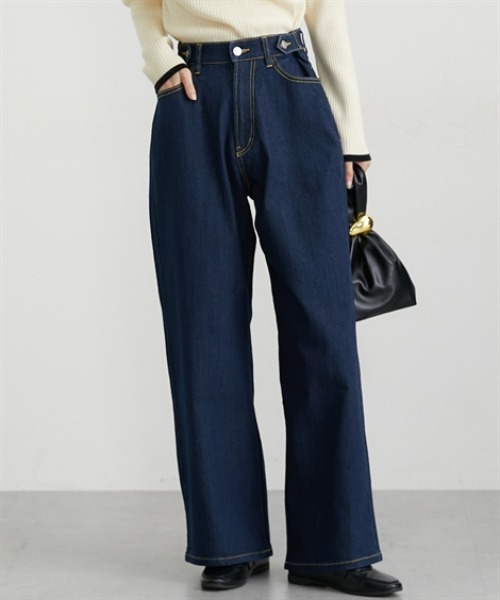 nissen(ニッセン)の「ウエスト裏ゴムデニムワイドパンツ(デニムパンツ・レディース・ネイビー/ブルー・M/L/LL)」の1枚目の写真