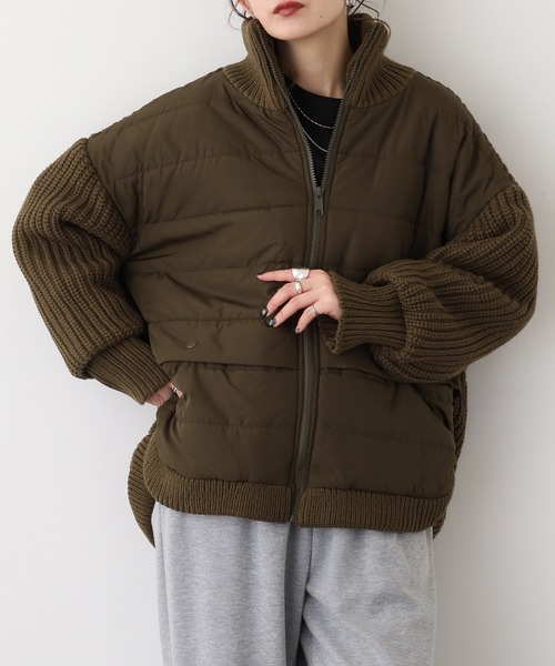 EGLANTINE(エグランティーヌ)の「EGLANTINE ニット切り替え中綿ジャケット(その他アウター・レディース・カーキ/ブラック/グレー・40)」の1枚目の写真