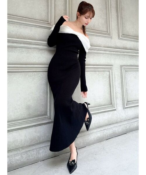 シアー リボン フェミニン ワンピースブラック RESEXXY（リゼクシー）の「シアーリボンドッキングマーメイドニット