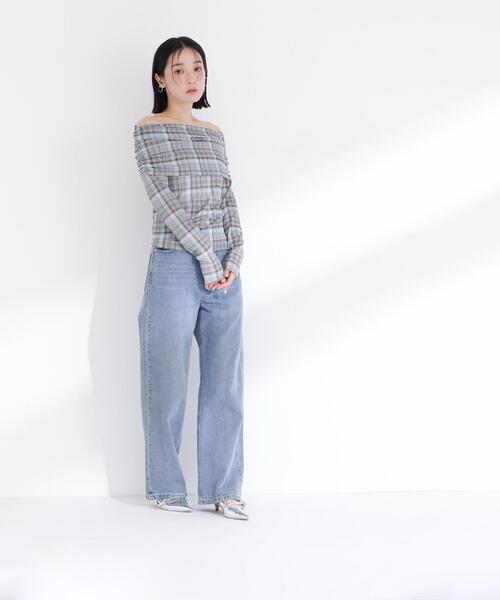 NATURAL BEAUTY BASIC（ナチュラルビューティーベーシック）の「◇シアーチェックオフショルトップス（Tシャツ/カットソー・レディース・グレー系その他/グリーン系その他3・FREE）」の6枚目の写真