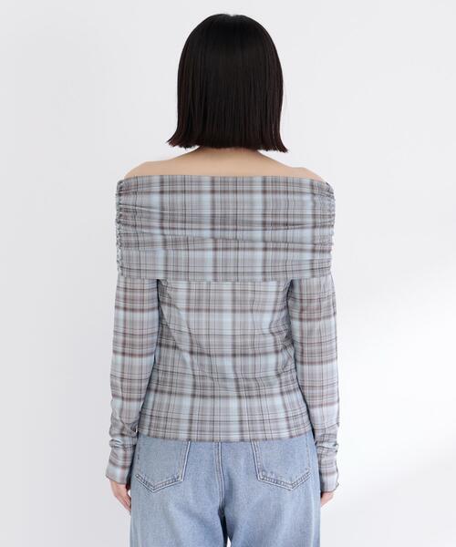 NATURAL BEAUTY BASIC（ナチュラルビューティーベーシック）の「◇シアーチェックオフショルトップス（Tシャツ/カットソー・レディース・グレー系その他/グリーン系その他3・FREE）」の8枚目の写真