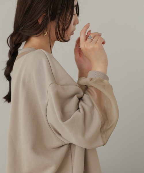 Bab(バブ)の「オーバーシルエットシアースウェットトップス(Tシャツ/カットソー・レディース・ベージュ/グレイッシュベージュ/チャコールグレー・FREE)」の10枚目の写真
