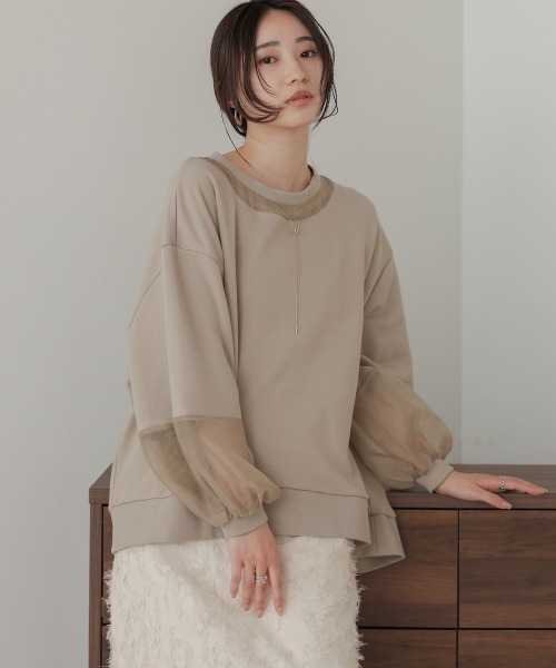 Bab(バブ)の「オーバーシルエットシアースウェットトップス(Tシャツ/カットソー・レディース・ベージュ/グレイッシュベージュ/チャコールグレー・FREE)」の4枚目の写真