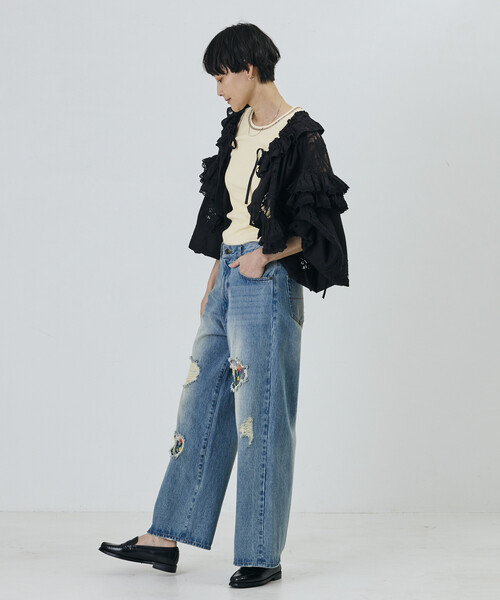 Freada（フリーダ）の「Freada/フリーダ フラワー刺繍ワイドデニム（デニムパンツ・レディース・ブラック/ブルー・ONE SIZE）」の12枚目の写真