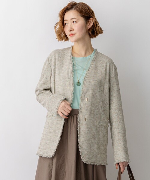 23区(ニジュウサンク)の「リネンライクブッチャー フリンジノーカラージャケット(その他アウター・レディース・ダークブラウン系3/ライトグリーン系3・38)」の2枚目の写真