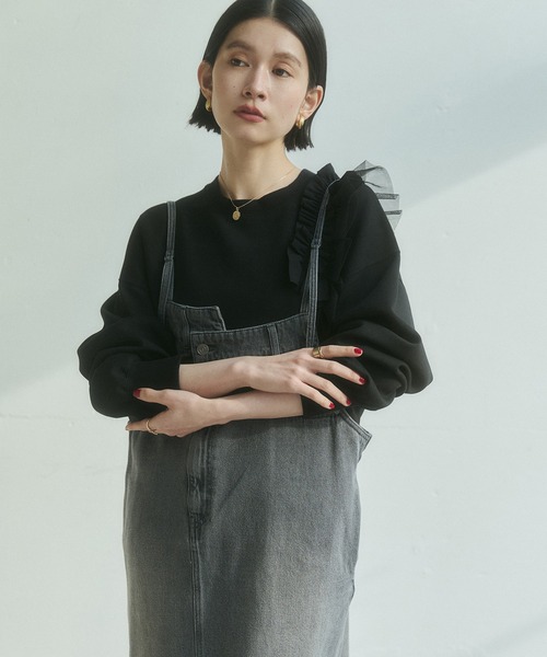 hunch(ハンチ)の「ライトダンボール アシメフリルトップス(スウェット・レディース・ダークカーキ/ブラック・FREE)」の8枚目の写真