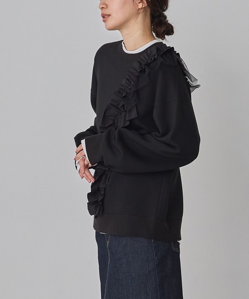 hunch(ハンチ)の「ライトダンボール アシメフリルトップス(スウェット・レディース・ダークカーキ/ブラック・FREE)」の10枚目の写真