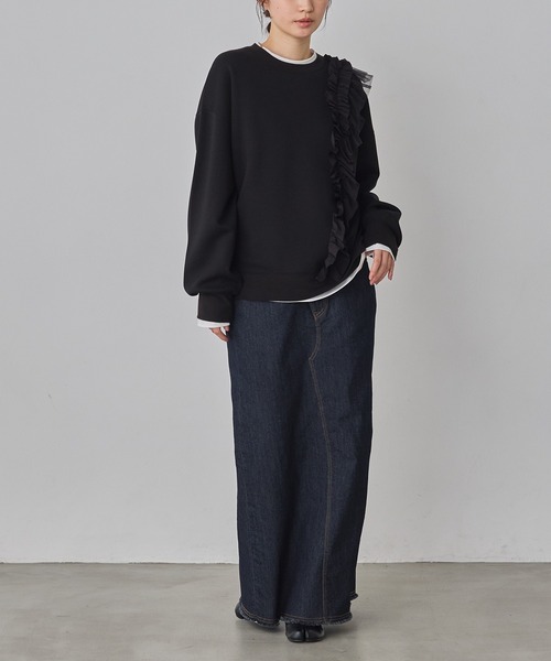 hunch(ハンチ)の「ライトダンボール アシメフリルトップス(スウェット・レディース・ダークカーキ/ブラック・FREE)」の12枚目の写真