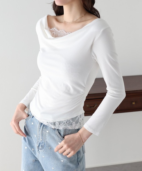 BLUEEAST(ブルーイースト)の「レースレイヤードドレープカットソー(Tシャツ/カットソー・レディース・ホワイト/ブラック・MEDIUM)」の1枚目の写真