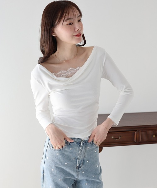 BLUEEAST(ブルーイースト)の「レースレイヤードドレープカットソー(Tシャツ/カットソー・レディース・ホワイト/ブラック・MEDIUM)」の3枚目の写真