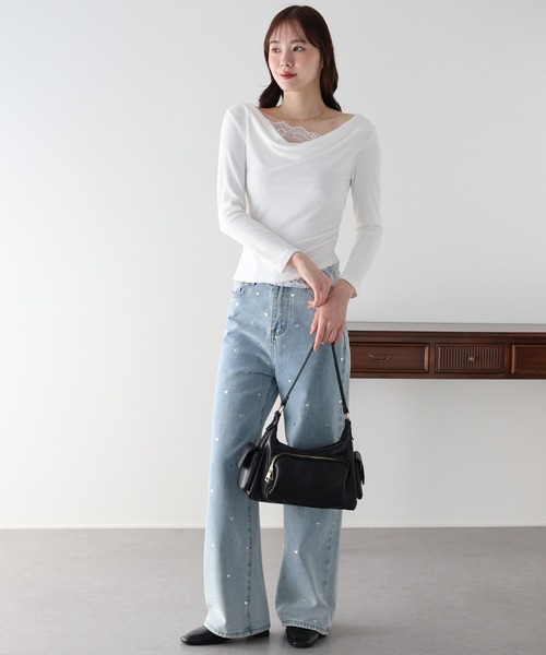 BLUEEAST(ブルーイースト)の「レースレイヤードドレープカットソー(Tシャツ/カットソー・レディース・ホワイト/ブラック・MEDIUM)」の6枚目の写真