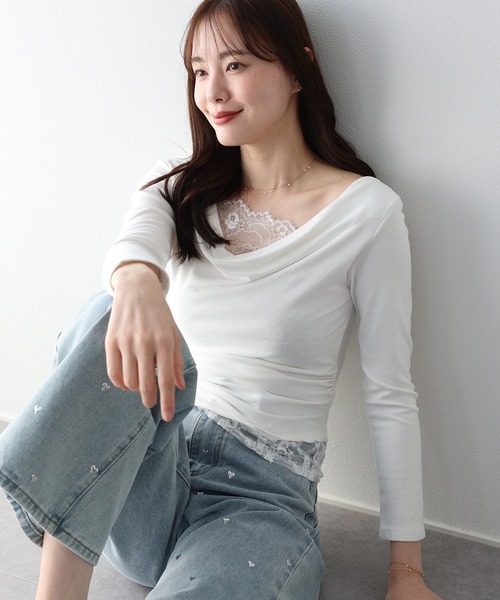 BLUEEAST(ブルーイースト)の「レースレイヤードドレープカットソー(Tシャツ/カットソー・レディース・ホワイト/ブラック・MEDIUM)」の5枚目の写真