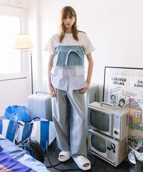 AULA AILA（アウラアイラ）の「デニムシャツレイヤードデザインＴシャツ（Tシャツ/カットソー・レディース・ネイビー/ホワイト/ブラック・0）」の7枚目の写真