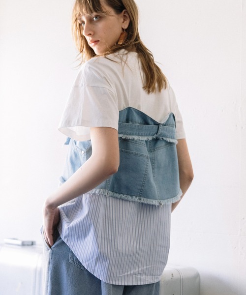 AULA AILA（アウラアイラ）の「デニムシャツレイヤードデザインＴシャツ（Tシャツ/カットソー・レディース・ネイビー/ホワイト/ブラック・0）」の5枚目の写真