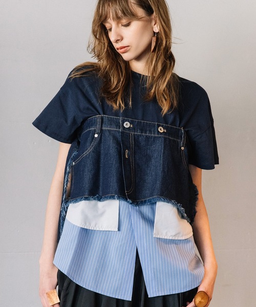 AULA AILA（アウラアイラ）の「デニムシャツレイヤードデザインＴシャツ（Tシャツ/カットソー・レディース・ネイビー/ホワイト/ブラック・0）」の10枚目の写真