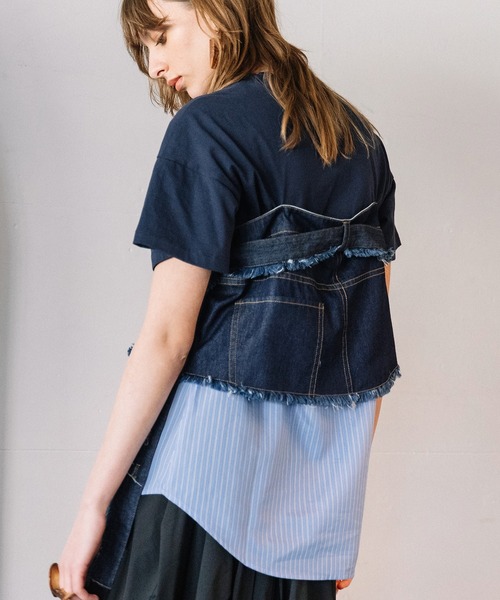 AULA AILA（アウラアイラ）の「デニムシャツレイヤードデザインＴシャツ（Tシャツ/カットソー・レディース・ネイビー/ホワイト/ブラック・0）」の12枚目の写真