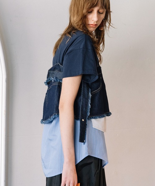 AULA AILA（アウラアイラ）の「デニムシャツレイヤードデザインＴシャツ（Tシャツ/カットソー・レディース・ネイビー/ホワイト/ブラック・0）」の11枚目の写真