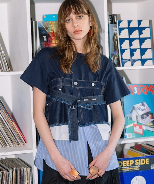 AULA AILA（アウラアイラ）の「デニムシャツレイヤードデザインＴシャツ（Tシャツ/カットソー・レディース・ネイビー/ホワイト/ブラック・0）」の9枚目の写真