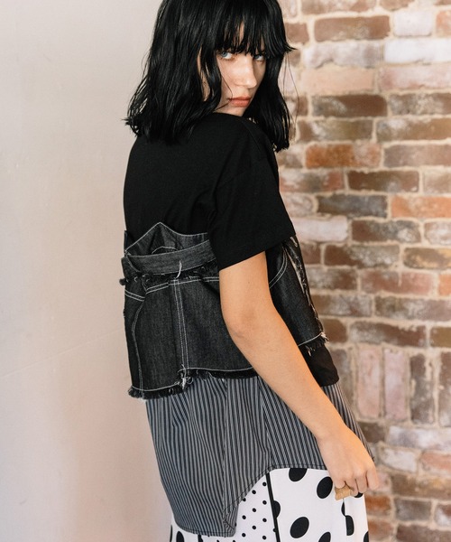 AULA AILA（アウラアイラ）の「デニムシャツレイヤードデザインＴシャツ（Tシャツ/カットソー・レディース・ネイビー/ホワイト/ブラック・0）」の15枚目の写真