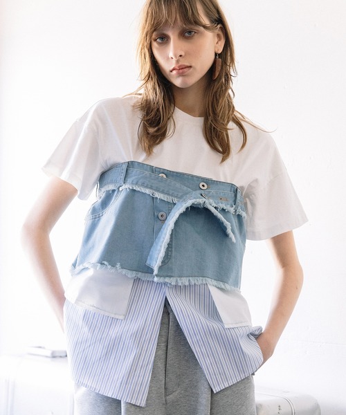 AULA AILA（アウラアイラ）の「デニムシャツレイヤードデザインＴシャツ（Tシャツ/カットソー・レディース・ネイビー/ホワイト/ブラック・0）」の4枚目の写真