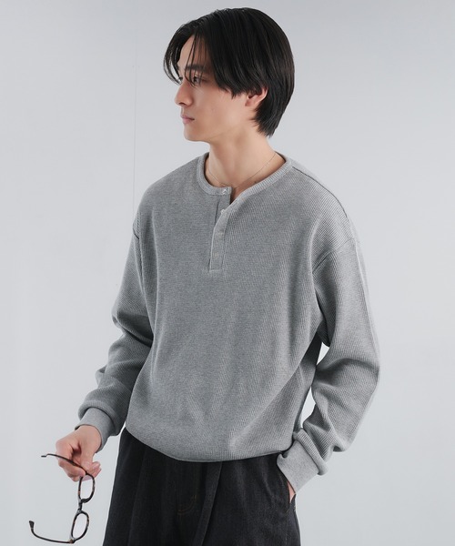 Adoon plain（アドーンプレーン）の「THERMAL HENRY NECK SNAP BUTTON LONG SLEEVE T / サーマルヘンリーネックスナップボタンロングスリーブT（Tシャツ/カットソー・メンズ・ブラック/ライトグレー/パープル・MEDIUM/LARGE）」の4枚目の写真