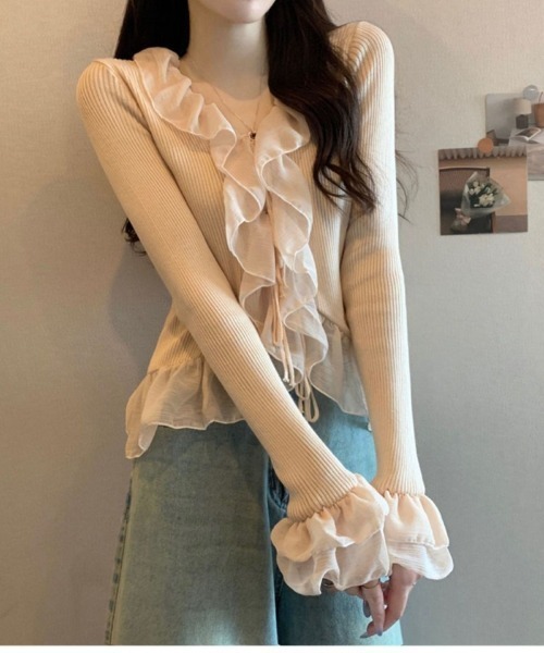 Ritzy(リッツィー)の「チュールフリルリブニットトップス(Tシャツ/カットソー・レディース・ホワイト/ベージュ/ブラック・FREE)」の2枚目の写真