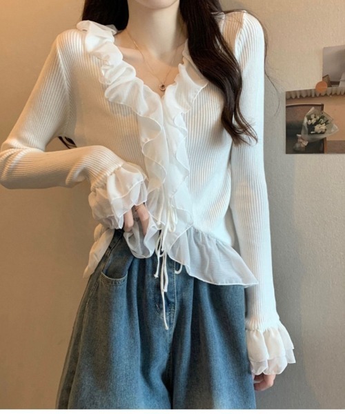 Ritzy(リッツィー)の「チュールフリルリブニットトップス(Tシャツ/カットソー・レディース・ホワイト/ベージュ/ブラック・FREE)」の5枚目の写真
