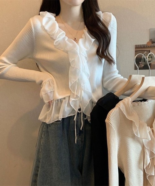 Ritzy(リッツィー)の「チュールフリルリブニットトップス(Tシャツ/カットソー・レディース・ホワイト/ベージュ/ブラック・FREE)」の6枚目の写真