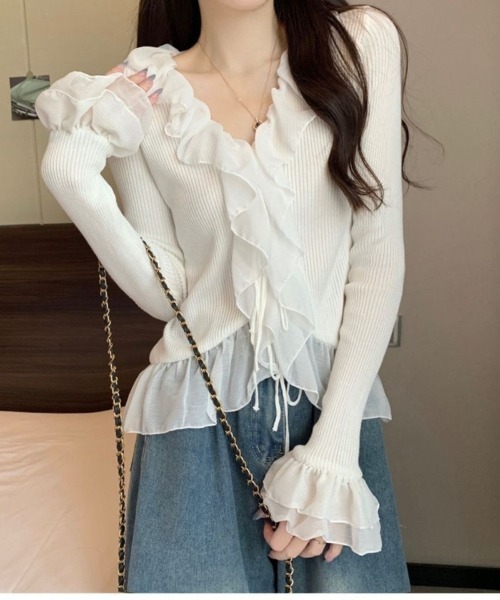 Ritzy(リッツィー)の「チュールフリルリブニットトップス(Tシャツ/カットソー・レディース・ホワイト/ベージュ/ブラック・FREE)」の7枚目の写真
