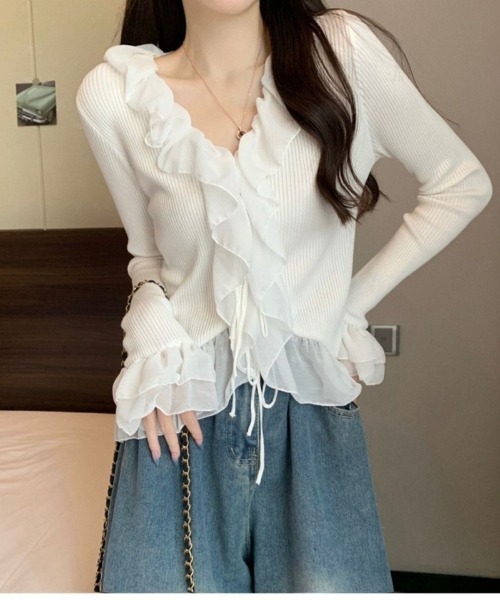 Ritzy(リッツィー)の「チュールフリルリブニットトップス(Tシャツ/カットソー・レディース・ホワイト/ベージュ/ブラック・FREE)」の12枚目の写真