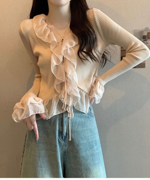 Ritzy(リッツィー)の「チュールフリルリブニットトップス(Tシャツ/カットソー・レディース・ホワイト/ベージュ/ブラック・FREE)」の13枚目の写真
