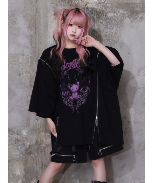 Amilige（アミリージュ）の「Devil bat Bear ZIP Tシャツ（Tシャツ/カットソー・レディース・ホワイト×パープル/ブラック×グレー/ブラック×ピンク/ブラック×パープル・FREE）」の4枚目の写真