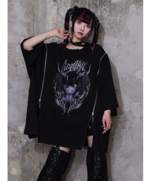 Amilige（アミリージュ）の「Devil bat Bear ZIP Tシャツ（Tシャツ/カットソー・レディース・ホワイト×パープル/ブラック×グレー/ブラック×ピンク/ブラック×パープル・FREE）」の3枚目の写真