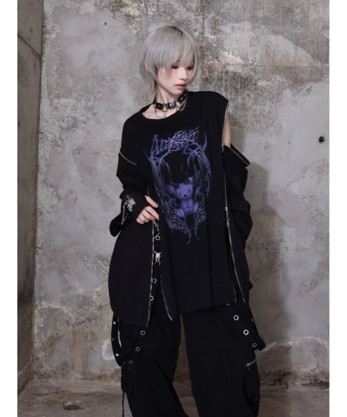 Amilige（アミリージュ）の「Devil bat Bear ZIP Tシャツ（Tシャツ/カットソー・レディース・ホワイト×パープル/ブラック×グレー/ブラック×ピンク/ブラック×パープル・FREE）」の14枚目の写真