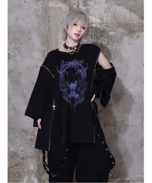 Amilige（アミリージュ）の「Devil bat Bear ZIP Tシャツ（Tシャツ/カットソー・レディース・ホワイト×パープル/ブラック×グレー/ブラック×ピンク/ブラック×パープル・FREE）」の13枚目の写真